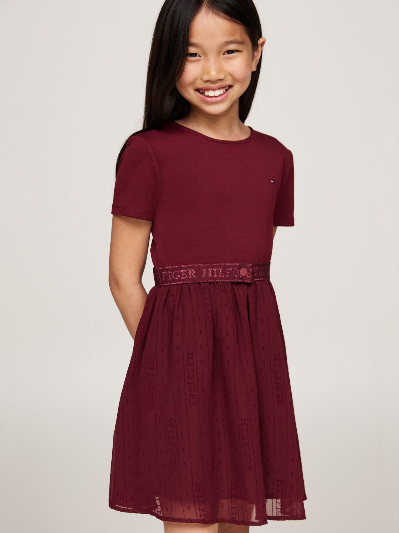 Vestido De Niña Con Logo Cinturón Burdeo Tommy Hilfiger-3