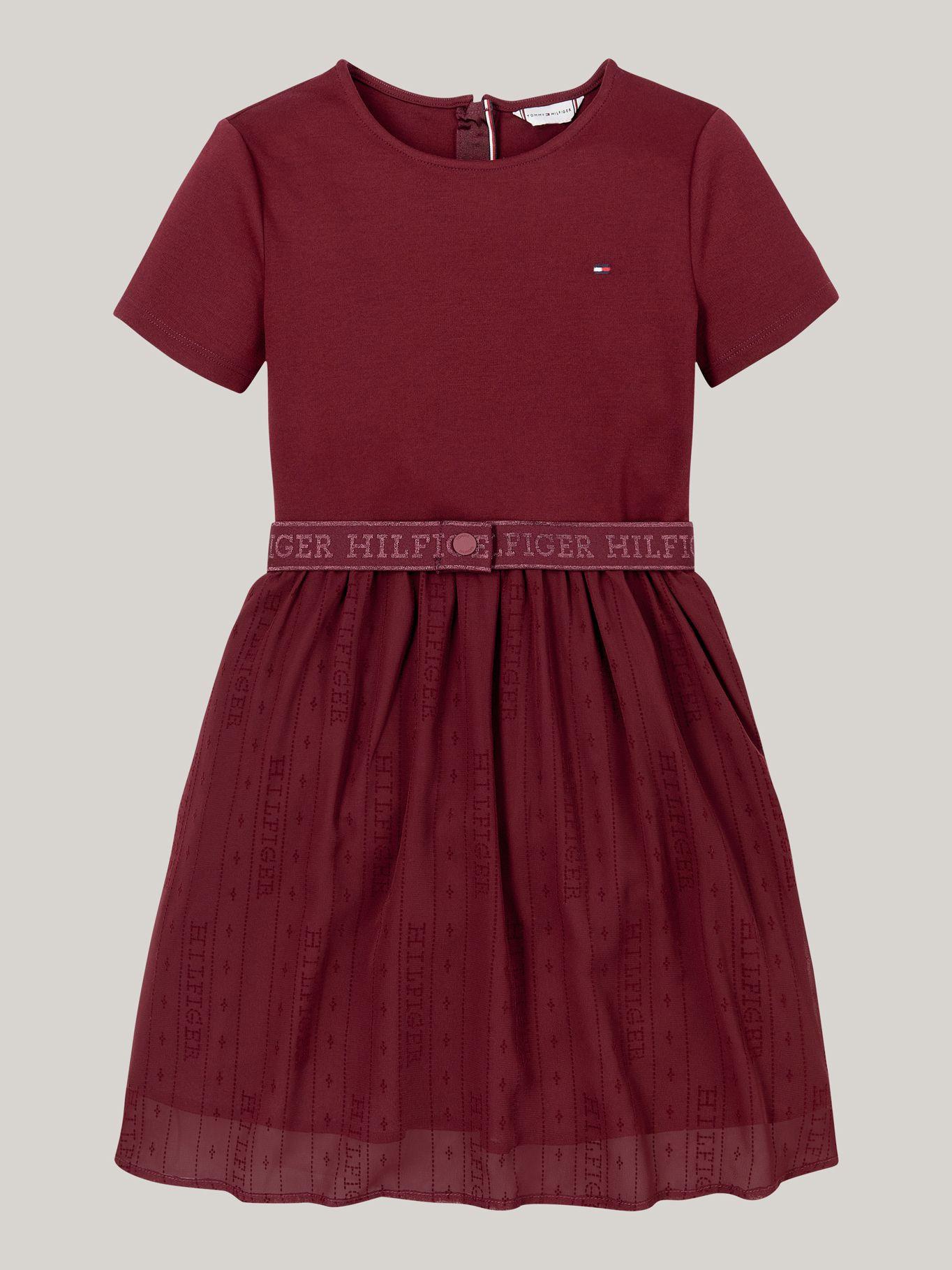 Vestido De Niña Con Logo Cinturón Burdeo Tommy Hilfiger-4
