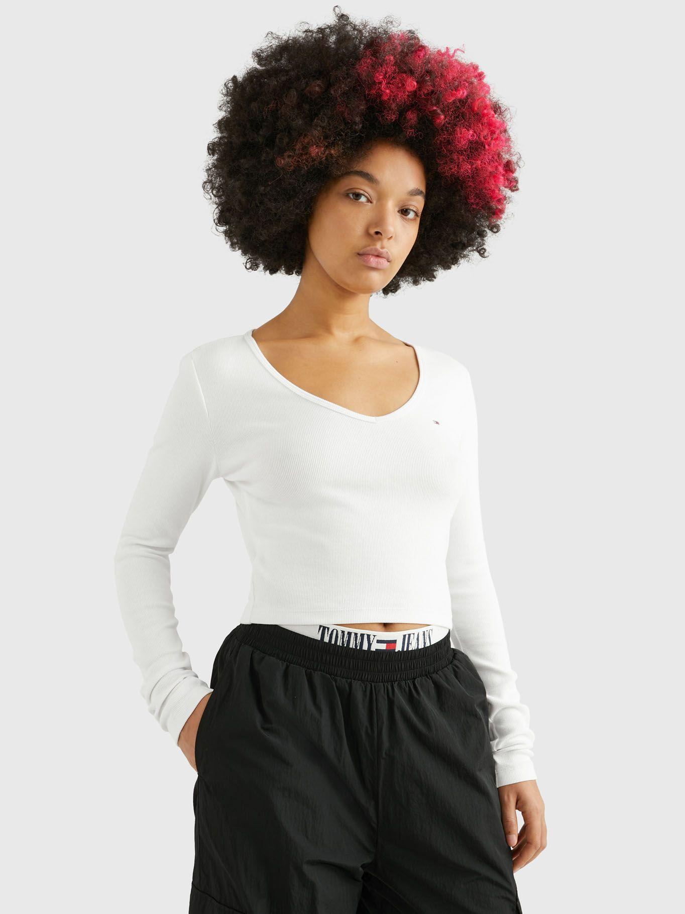 Polera Ajustada De Canalé  Blanco Tommy Jeans-0