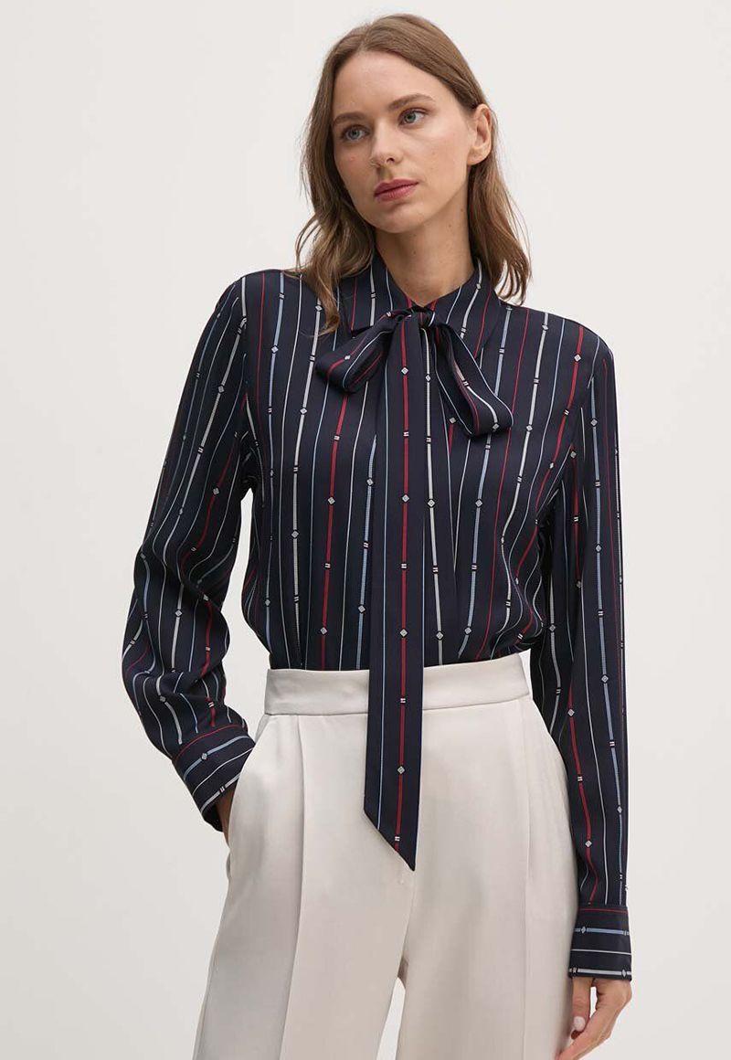 Camisa De Rayas Lazo En El Cuello Azul Tommy Hilfiger-0