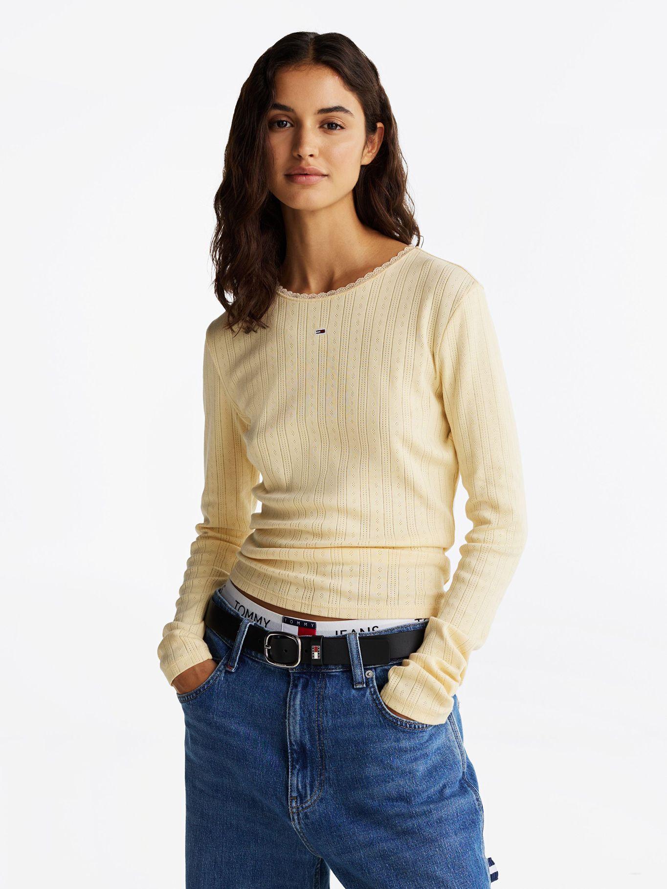 Polera Pointelle Con Logo Slim Fit Beige Tommy Jeans-0