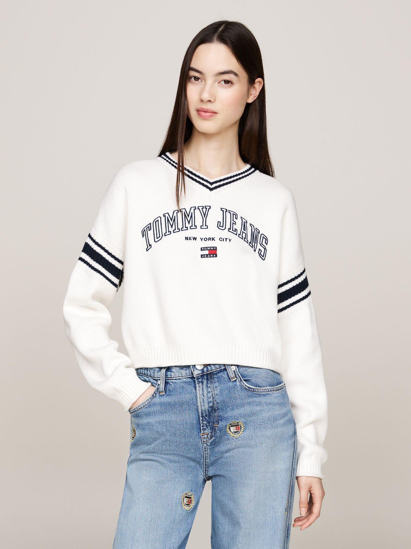 Sweater Cropped Varsity Logo Blanco Tommy Hilfiger-0