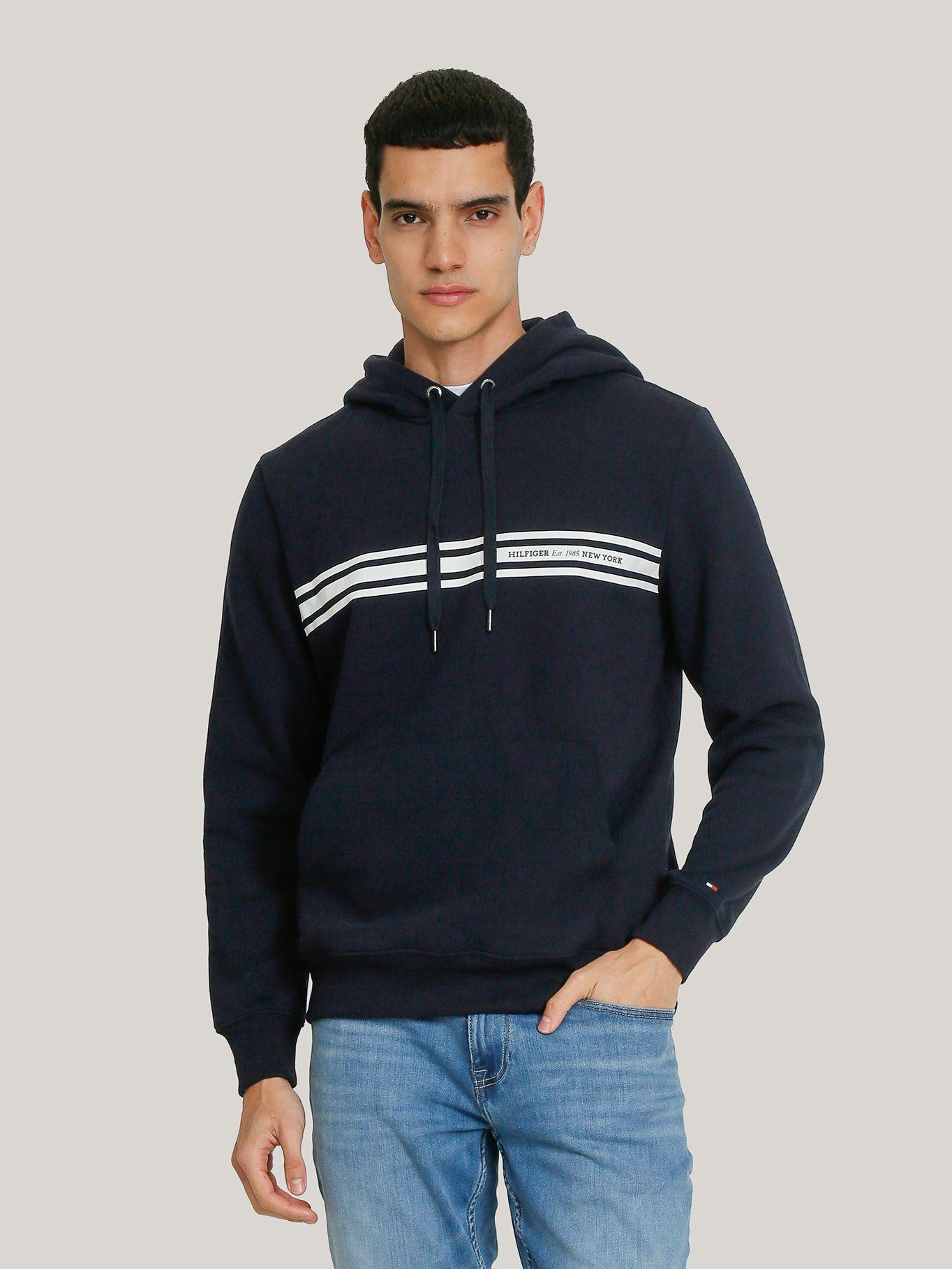Polerón Hoodie Con Logo Central De Rayas Azul Tommy Hilfiger-0