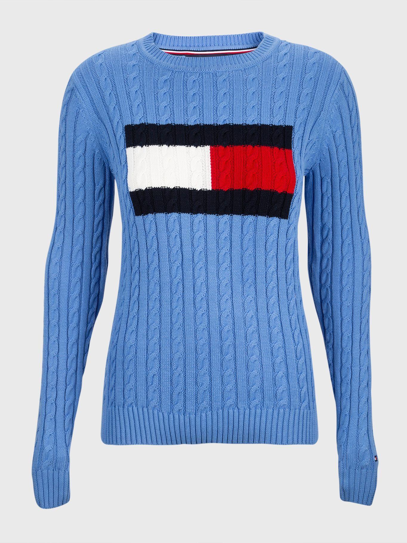 Sweater Tejido Cable Logo Flag Celeste Tommy Hilfiger-0