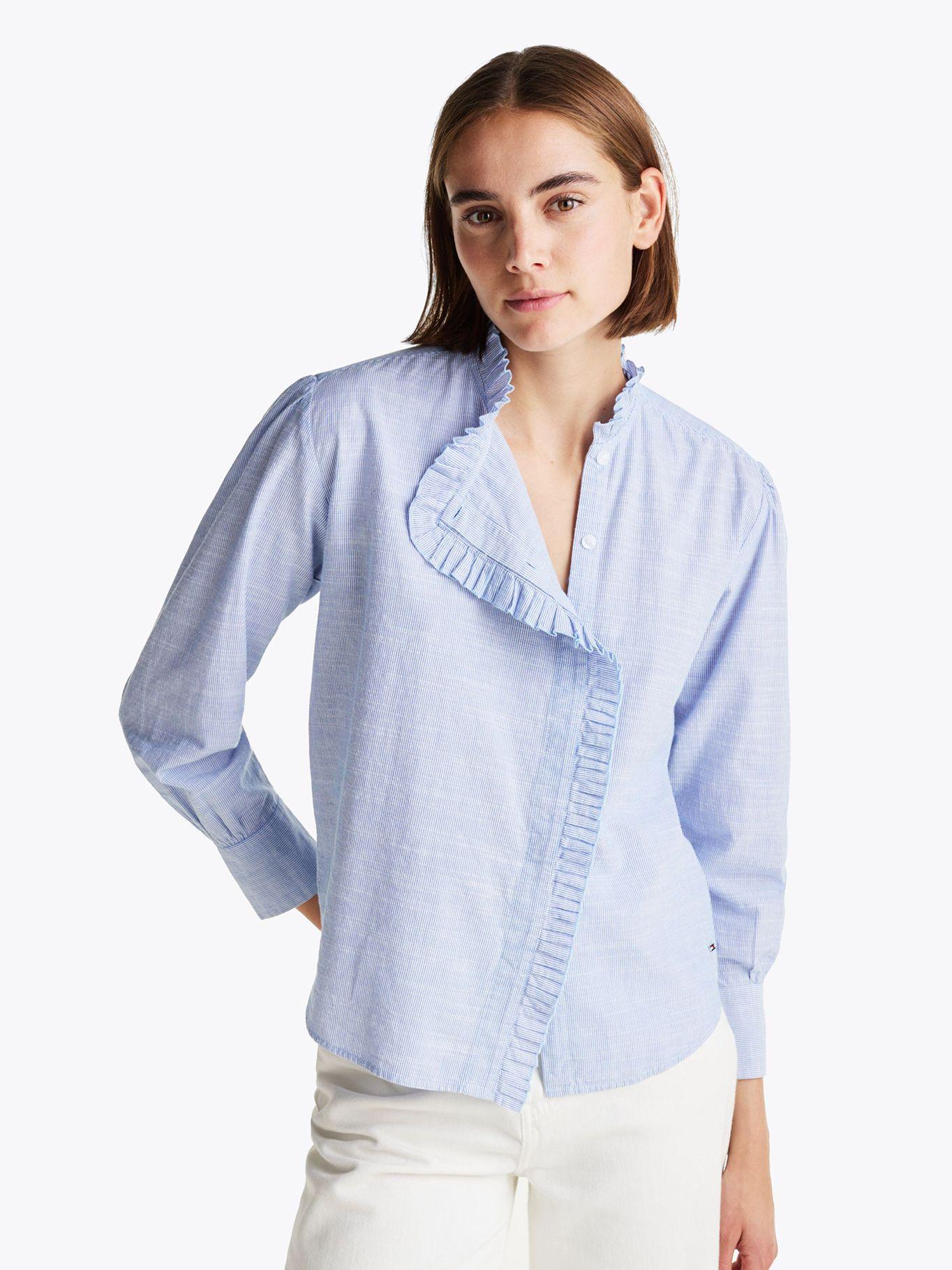 Camisa De Rayas Con Cuello Con Volantes Celeste Tommy Hilfiger-0