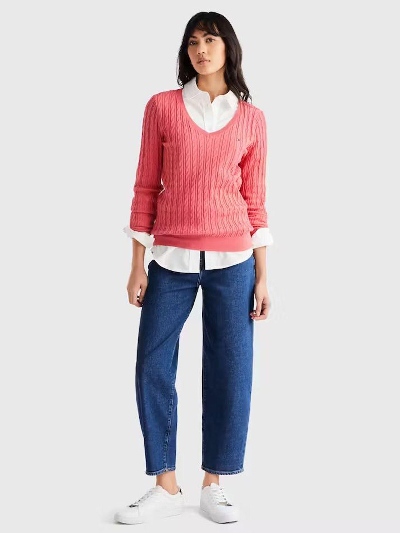 Sweater Tejido Cable De Cuello V Rosado Tommy Hilfiger-1