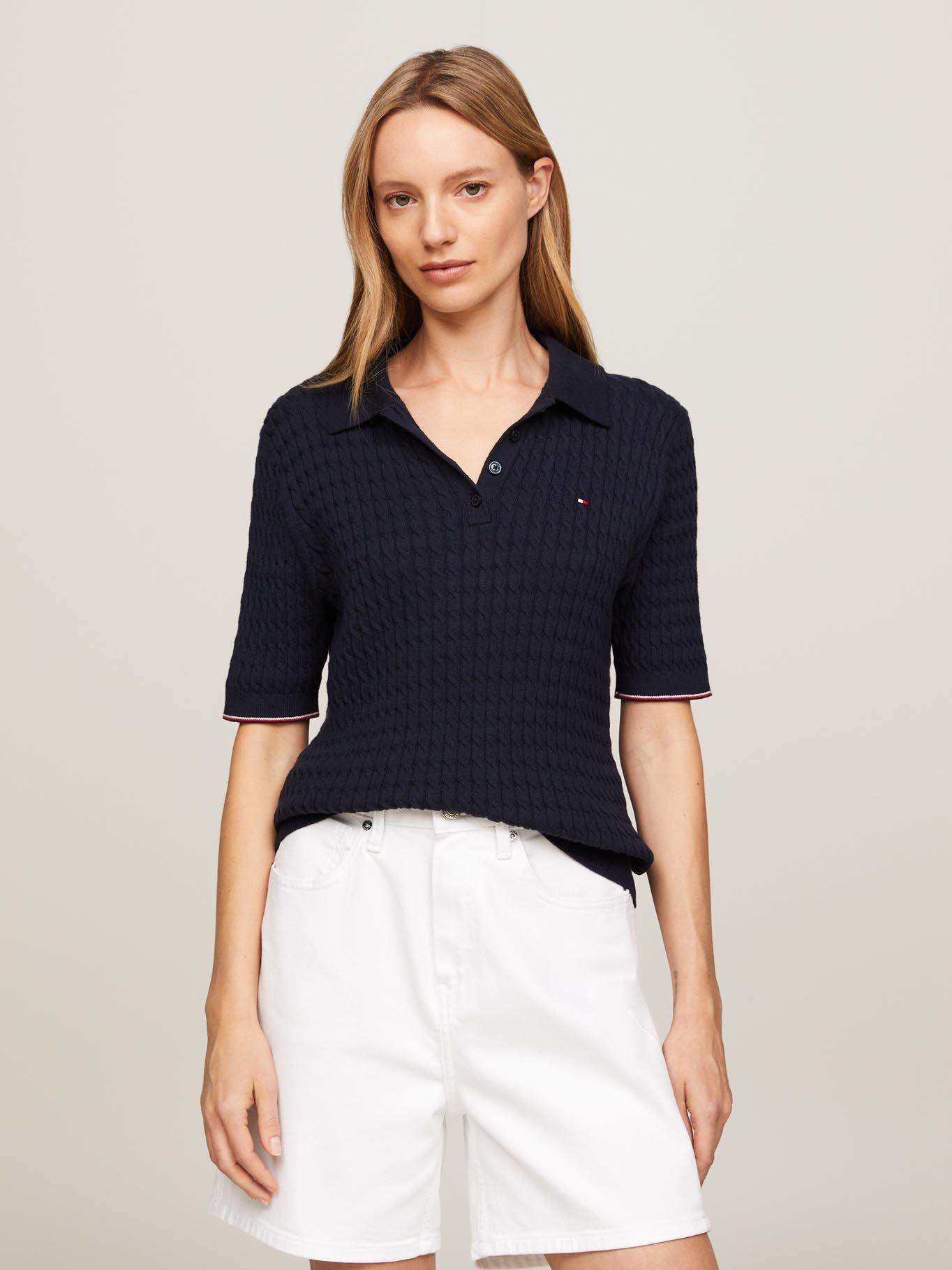 Sweater Trenzado Con Cuello Polo Azul Tommy Hilfiger-0