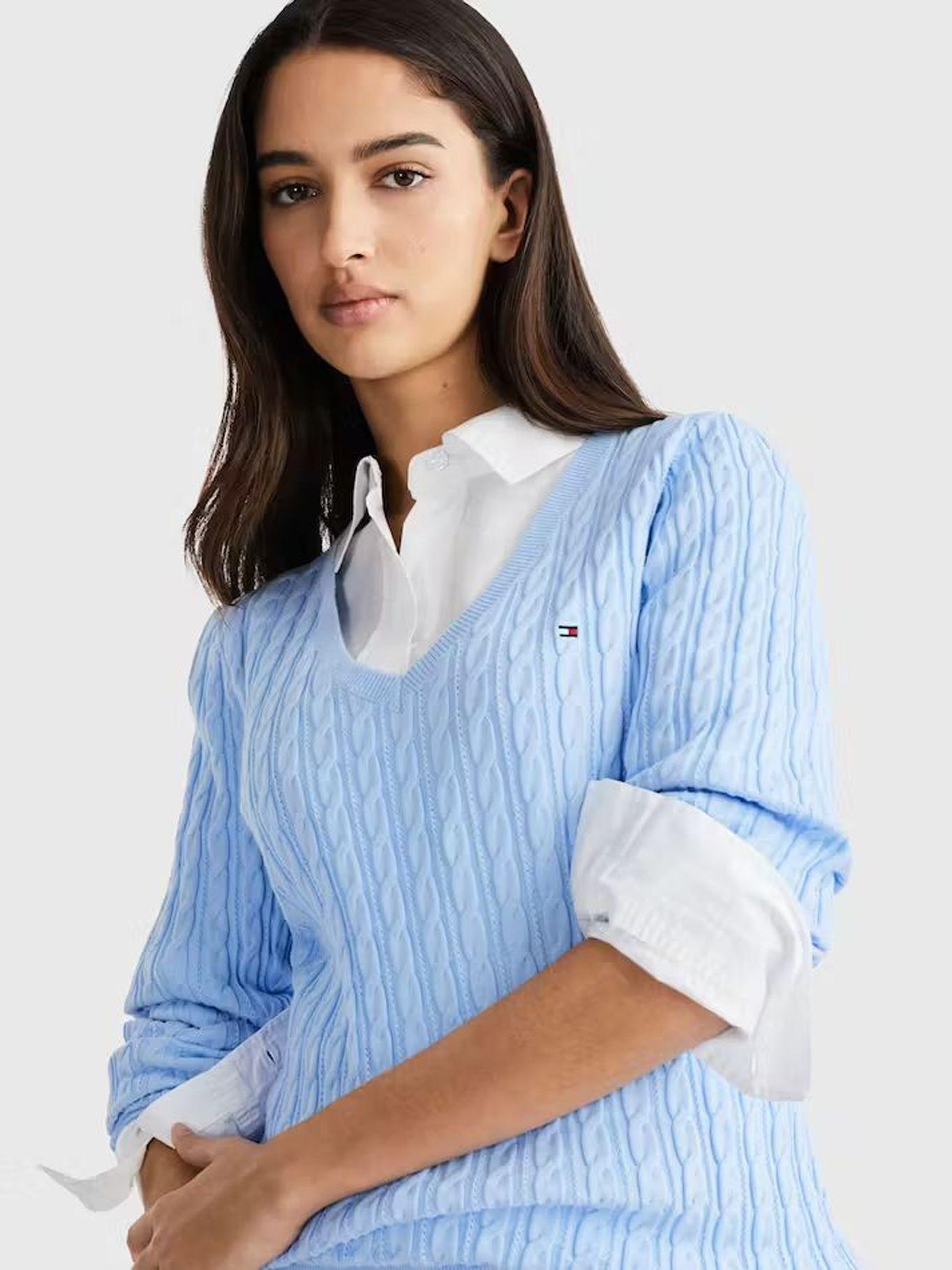 Sweater Tejido Cable De Cuello V Celeste Tommy Hilfiger-3