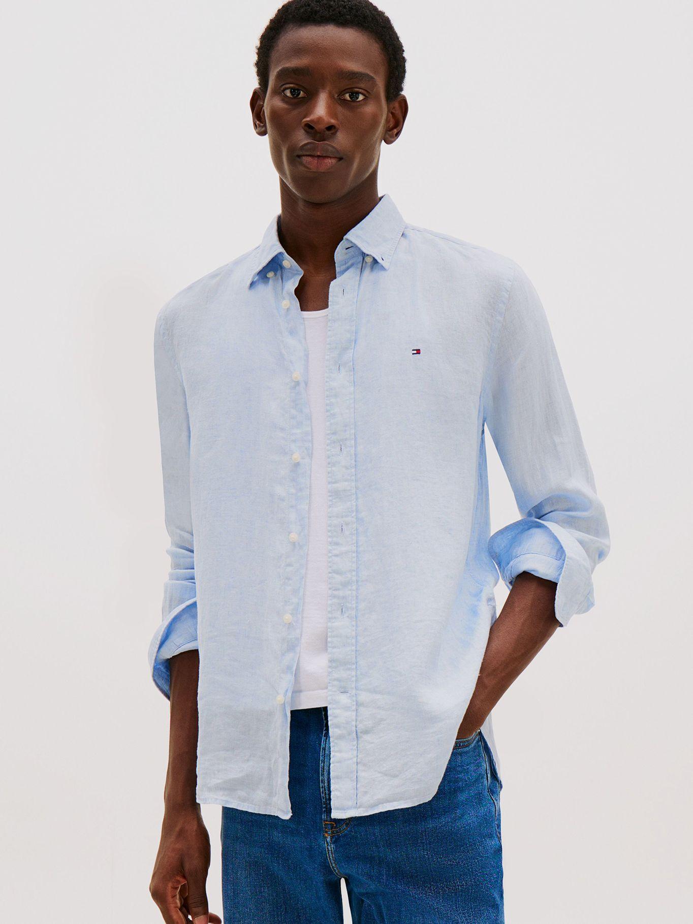 Camisa De Lino Pigmentada Celeste Tommy Hilfiger-0