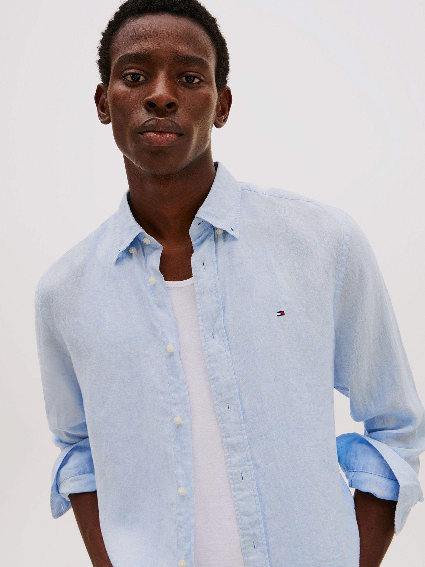 Camisa De Lino Pigmentada Celeste Tommy Hilfiger-3