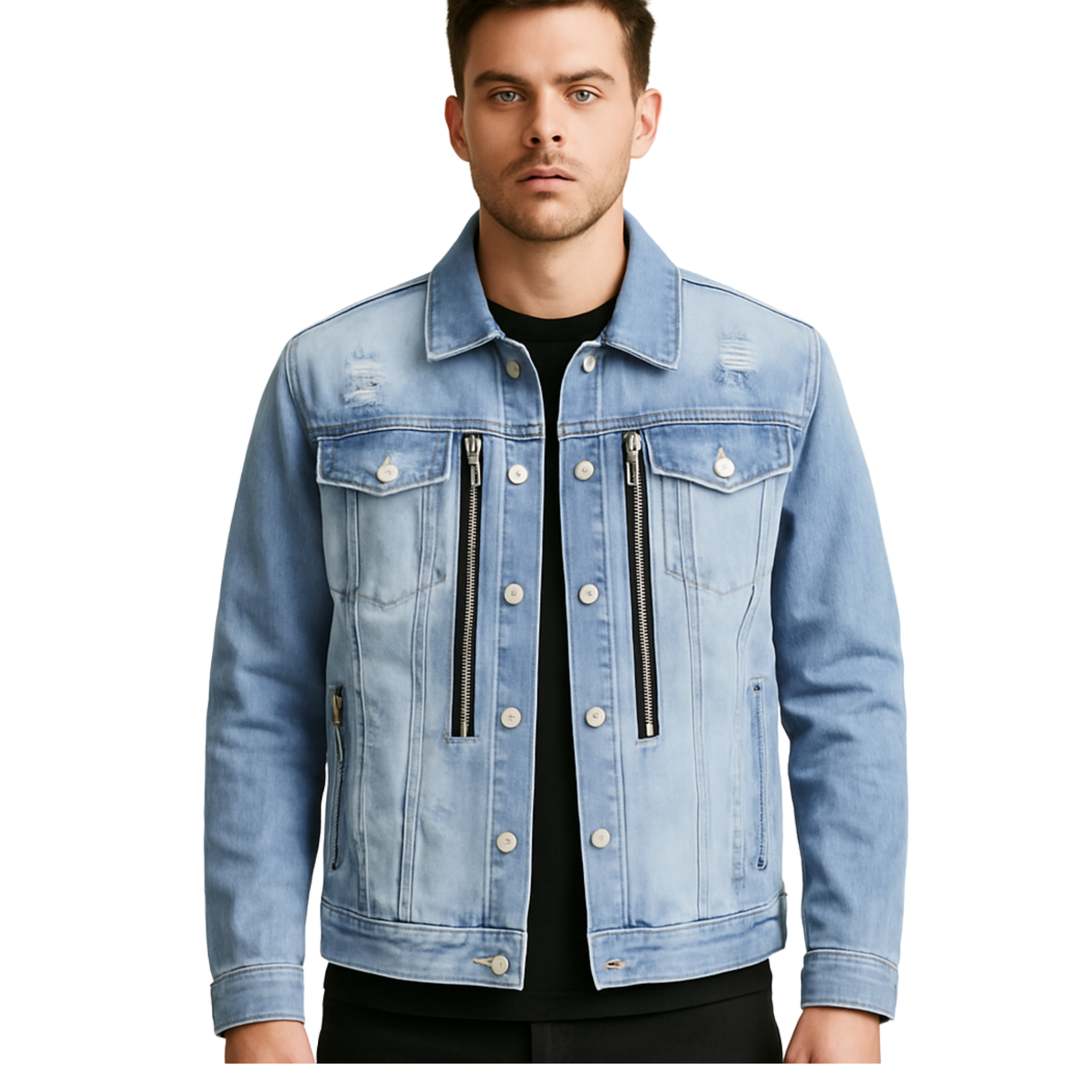 Chaqueta Mezclilla Azul Claro Cierres Hombre-0