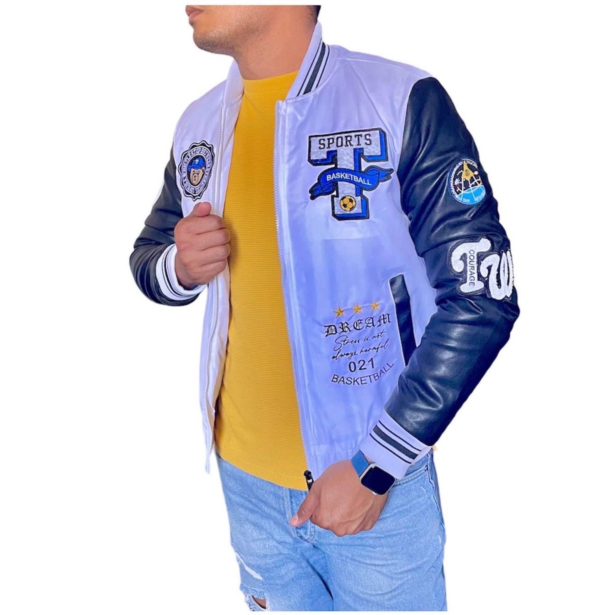 Chaqueta Bomber Universitaria Trust Hombre Blanca-1