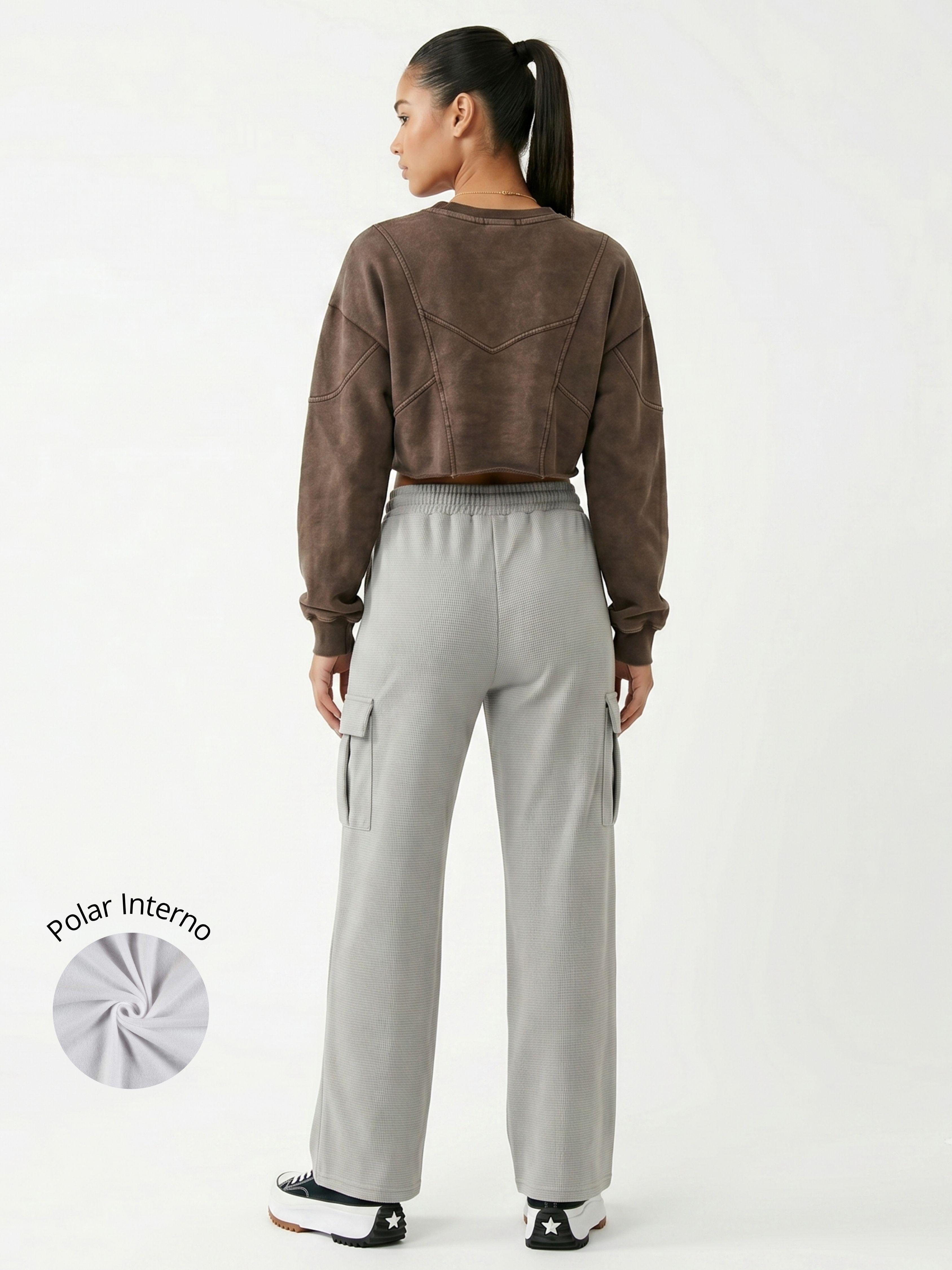 Pantalon Buzo Cargo Mujer Wide Leg Tiro Alto Con Cordón-2