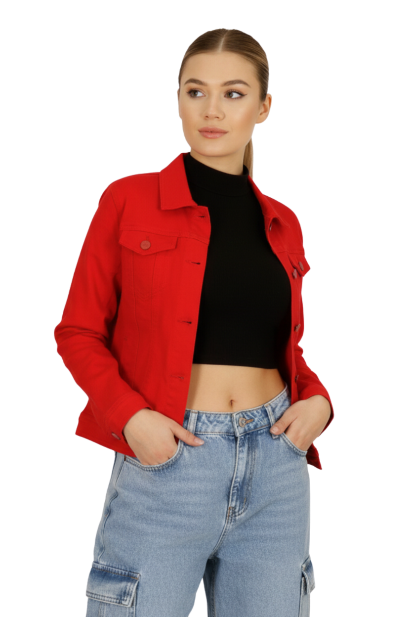 Chaqueta Jeans Mezclilla Colors Mujer Roja-1