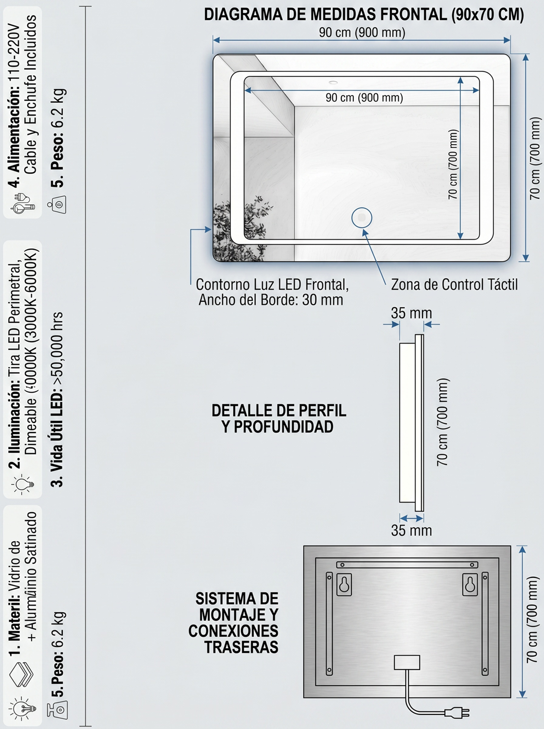 Espejo 90x70 Rectangular luz Led Contorno-2