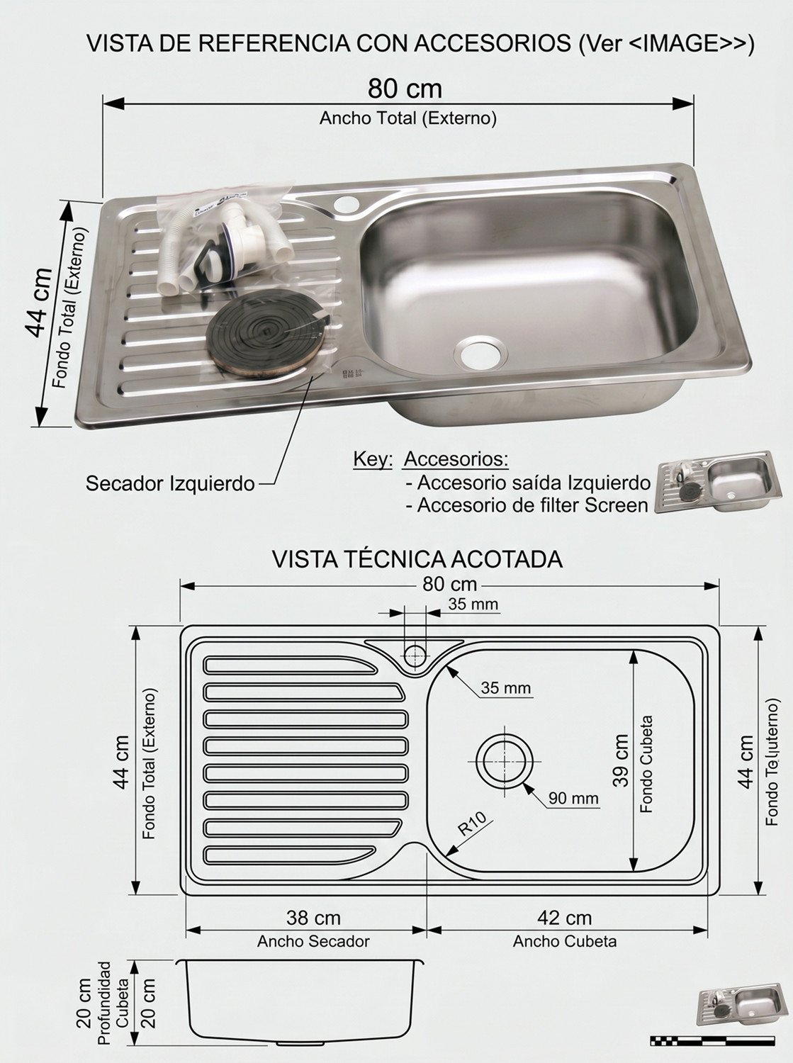 Lavaplatos Empotrado 80x44 cm Secador Izquierdo-2