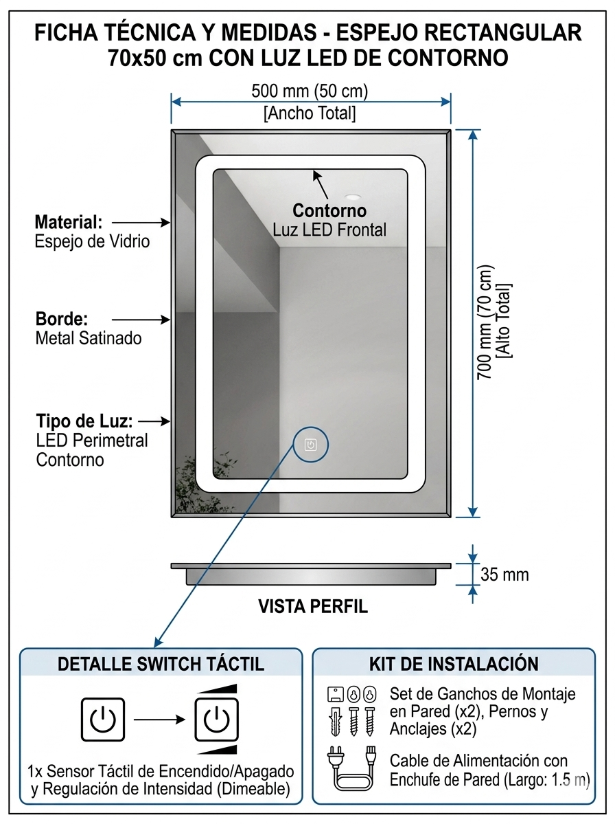 Espejo 70x50 Rectangular Led Contorno-2
