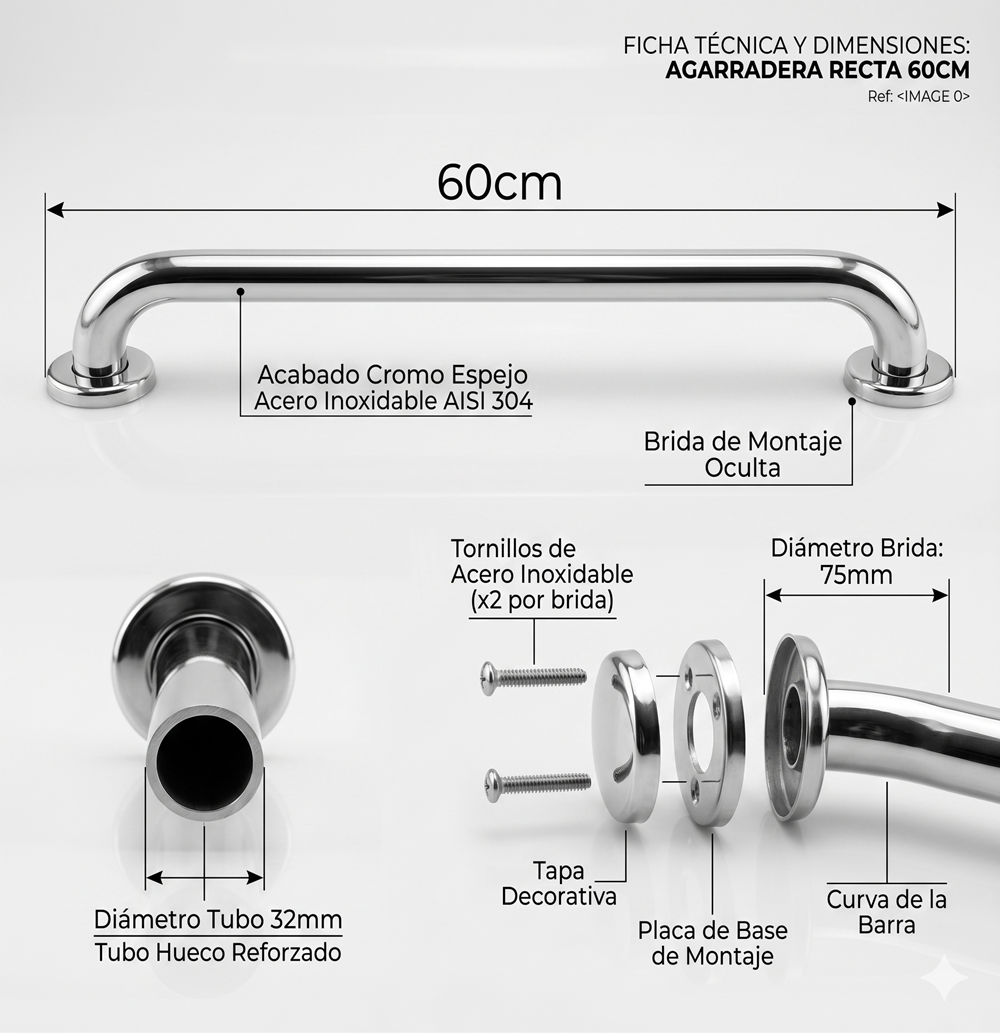 Barra de seguridad baño Ducha de 60cm acero inox. Brillante-2