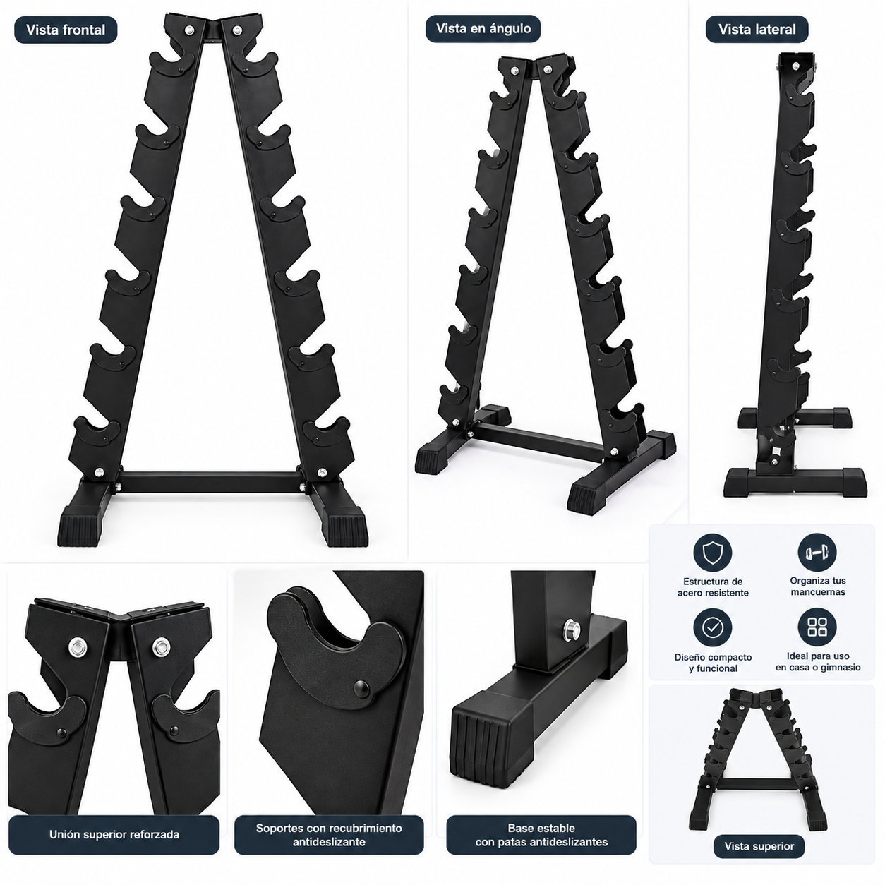 Rack Mancuernas Vertical 6 Pares de Acero Negro Soporte para 12 Mancuernas-2
