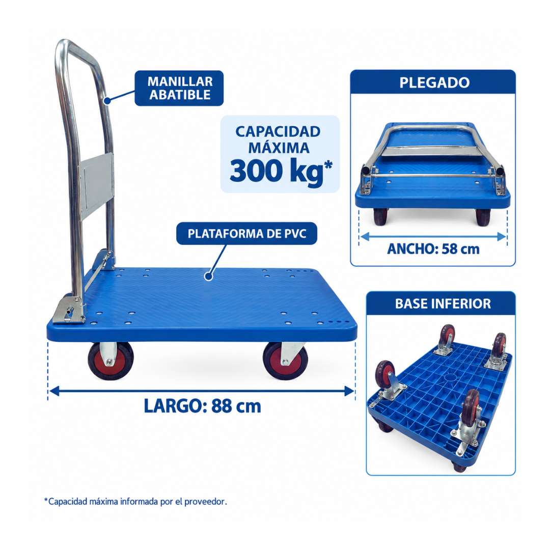 Carro de Carga Plegable 300 kg Plataforma Azul-2