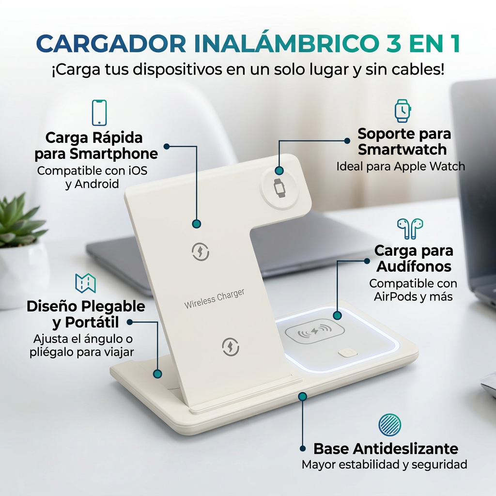 Cargador Inalambrico 3 en 1 Plegable 15W Blanco-2