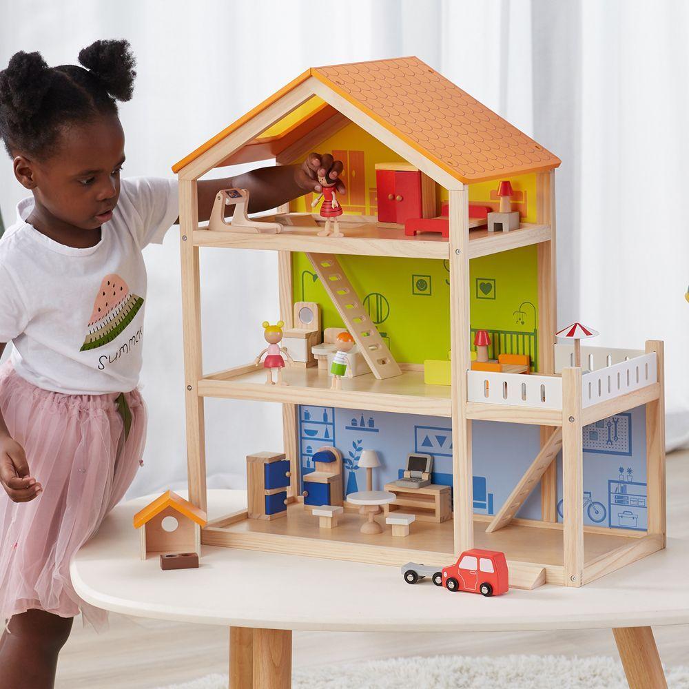 Casa muñecas hecha de madera, 3 pisos-4