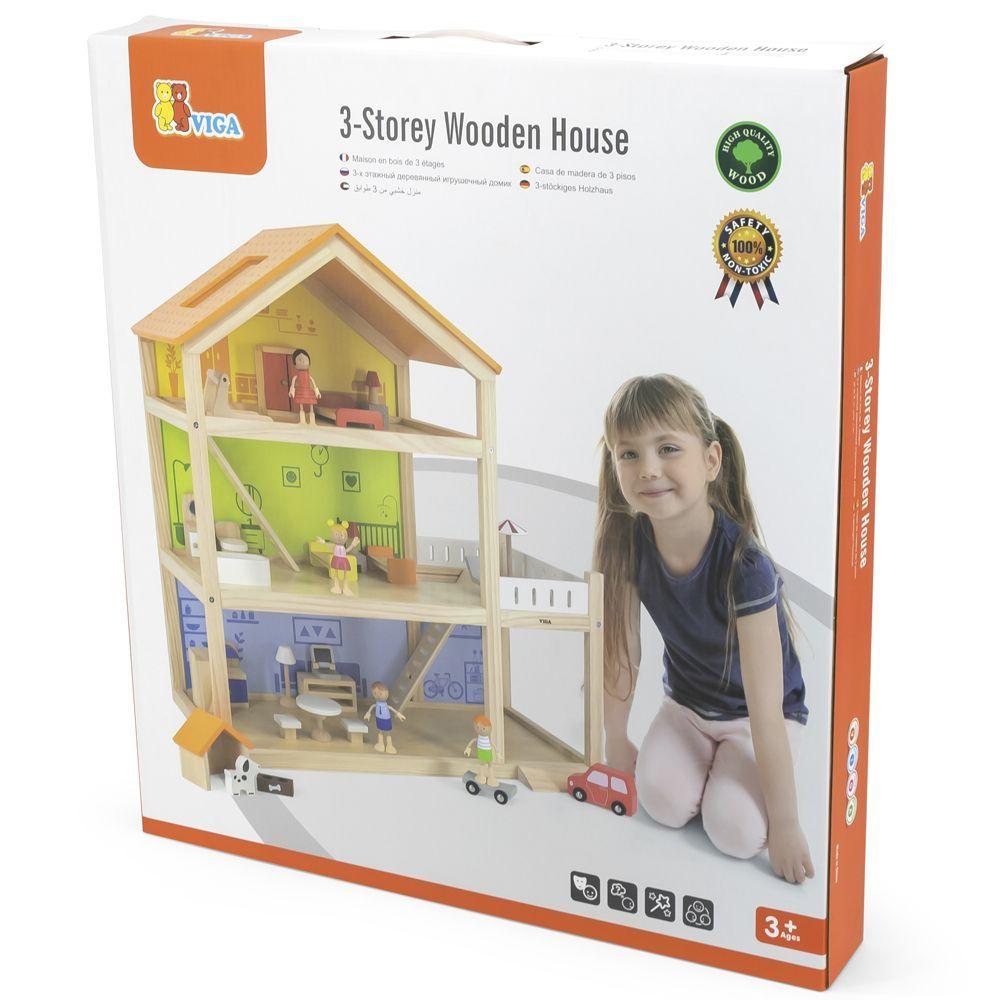 Casa muñecas hecha de madera, 3 pisos-2