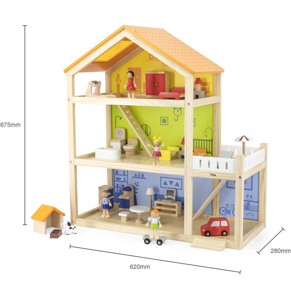 Casa muñecas hecha de madera, 3 pisos-3