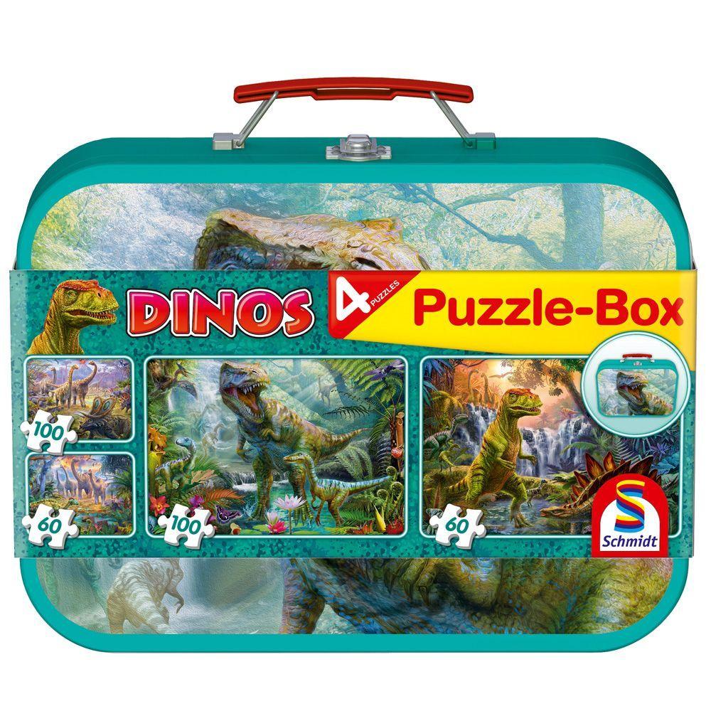 Puzzle 2 x 60, 2 x 100 piezas Dinosaurios Maleta Metal -0
