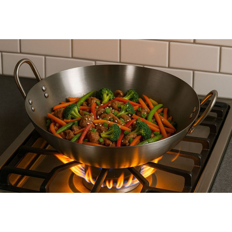 Wok Acero Inoxidable Profesional 40cm para Cocina Asiática Multiuso-4