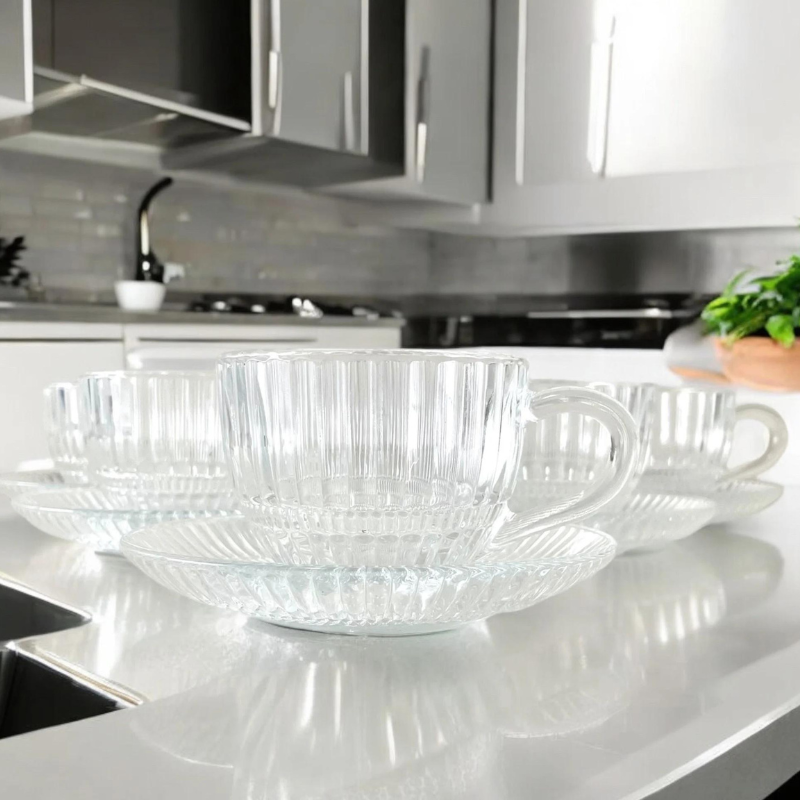 Set de 6 Tazas de Vidrio 240ml con Platillos - Deli Glass-6
