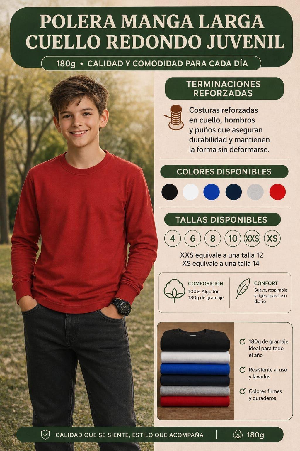 Polera De Ni o Manga Larga 200G Basica 100 algodon Cuello Redondo-7
