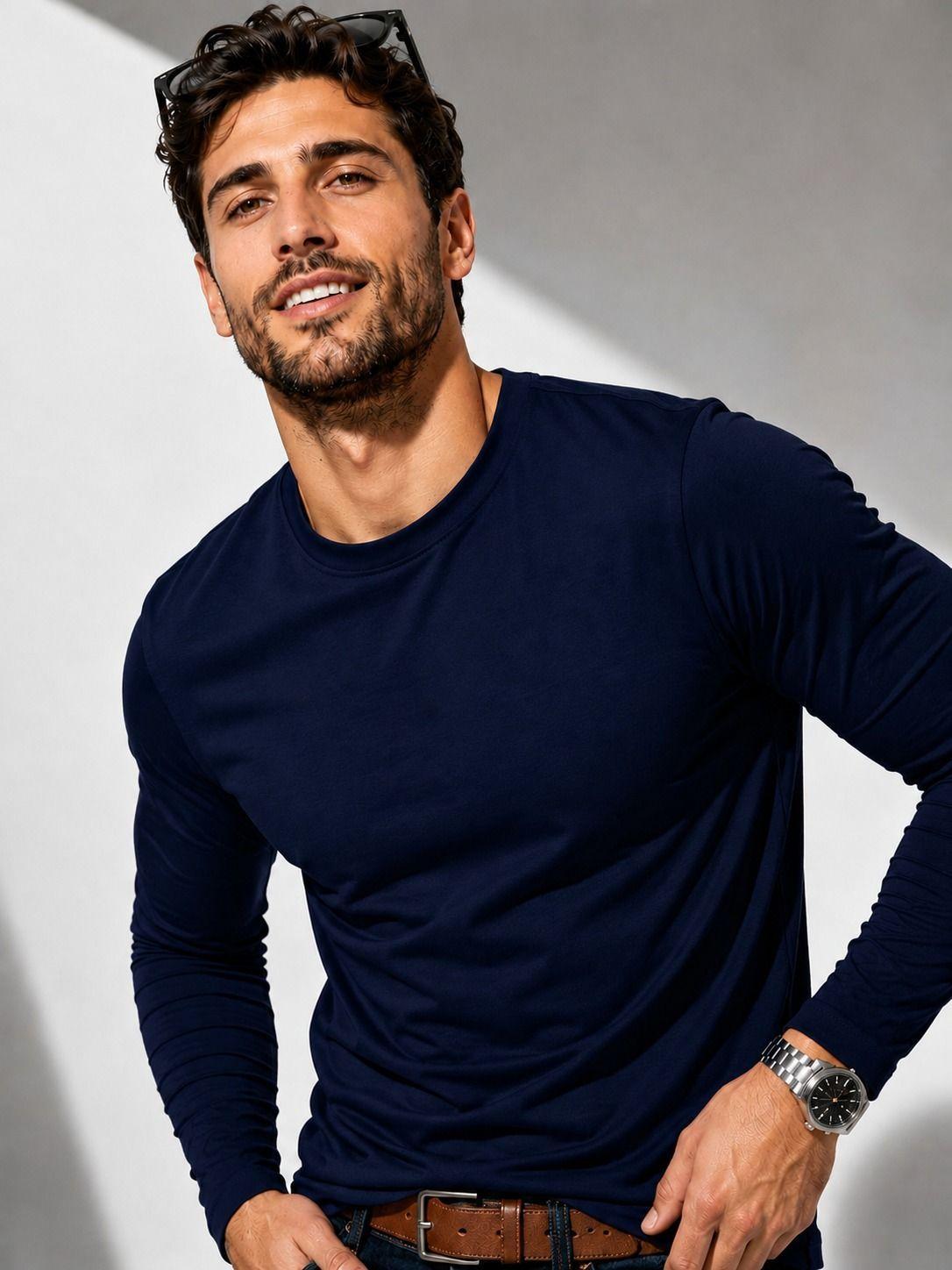 Polera Manga Larga De Hombre 250g m Cuello Redondo Algodon-5