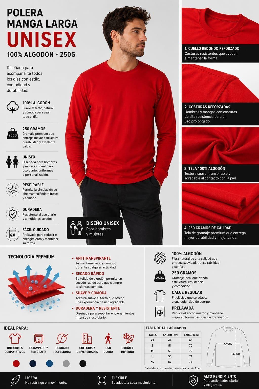 Polera Manga Larga De Hombre 250g m Cuello Redondo Algodon-8