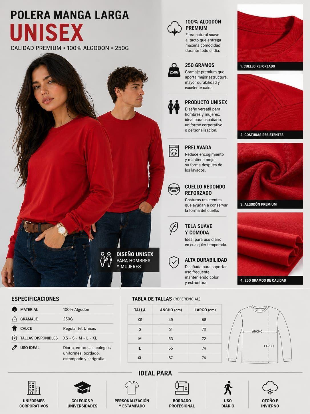 Polera Manga Larga Cuello Redondo 250g Basica Unisex 100 Algodon-8