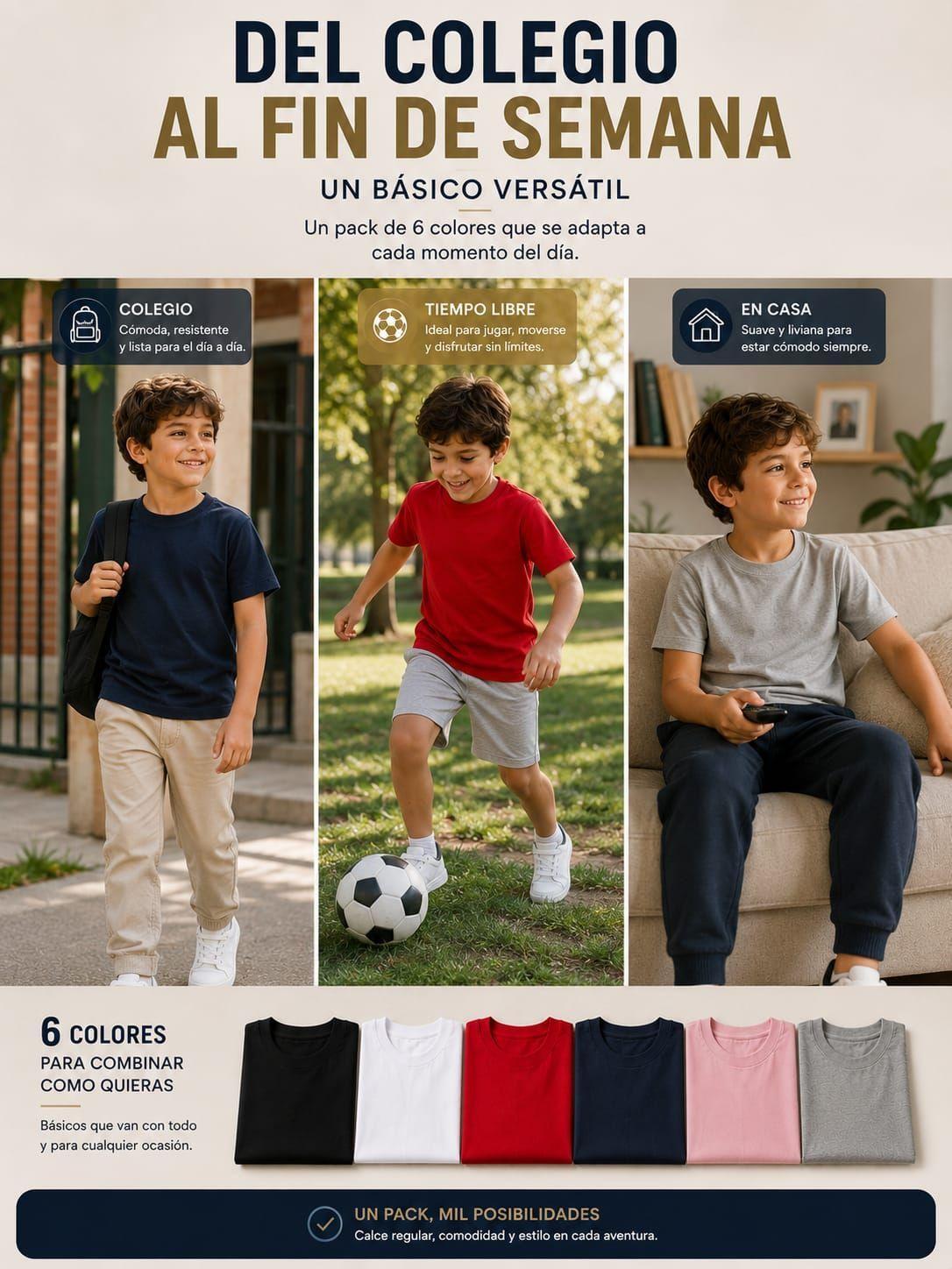 Pack 6 Poleras De Ninos Cuello 100 Algodon Cuello Redondo Manga Corta-2