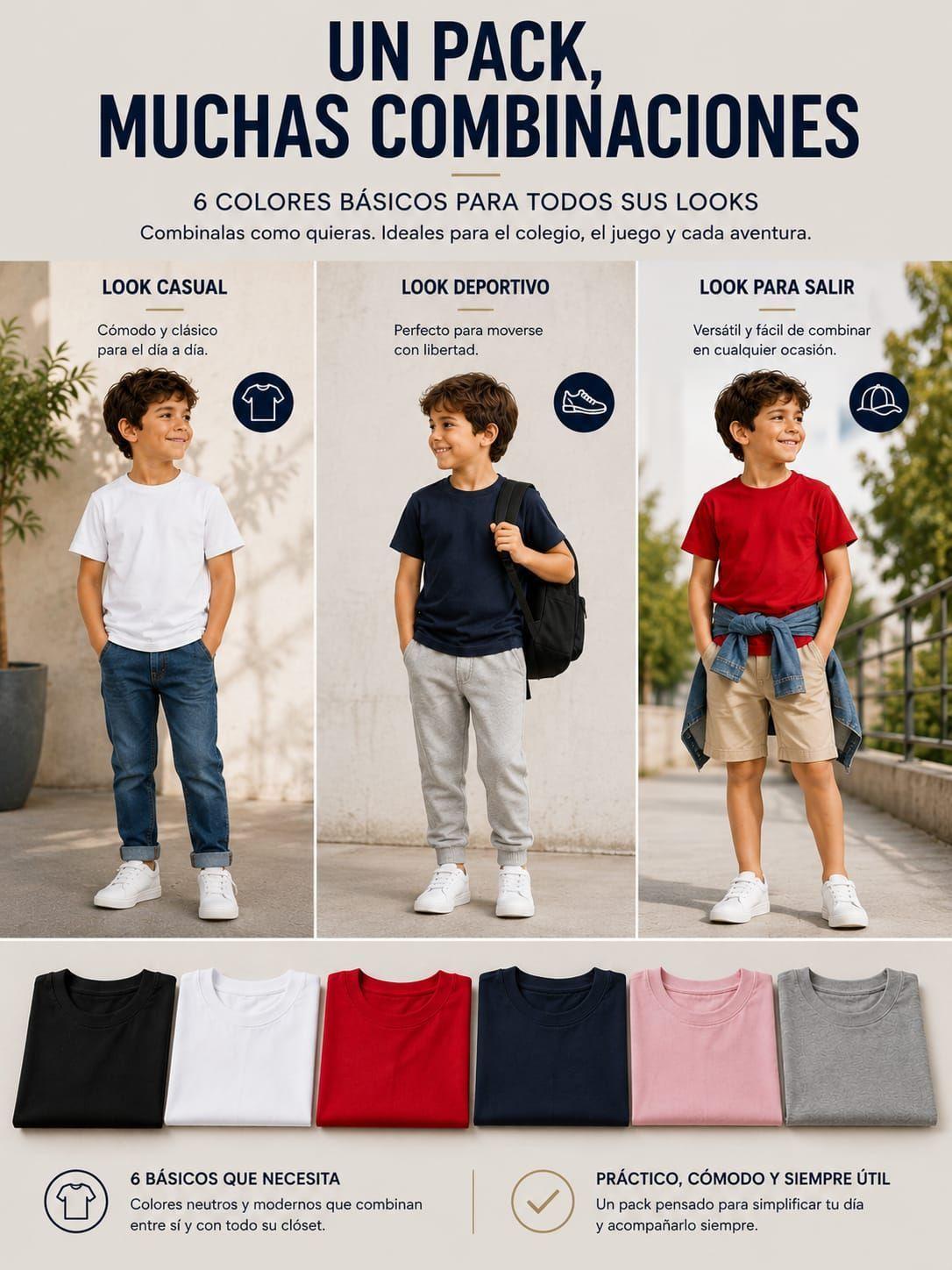 Pack 6 Poleras De Ninos Cuello 100 Algodon Cuello Redondo Manga Corta-3