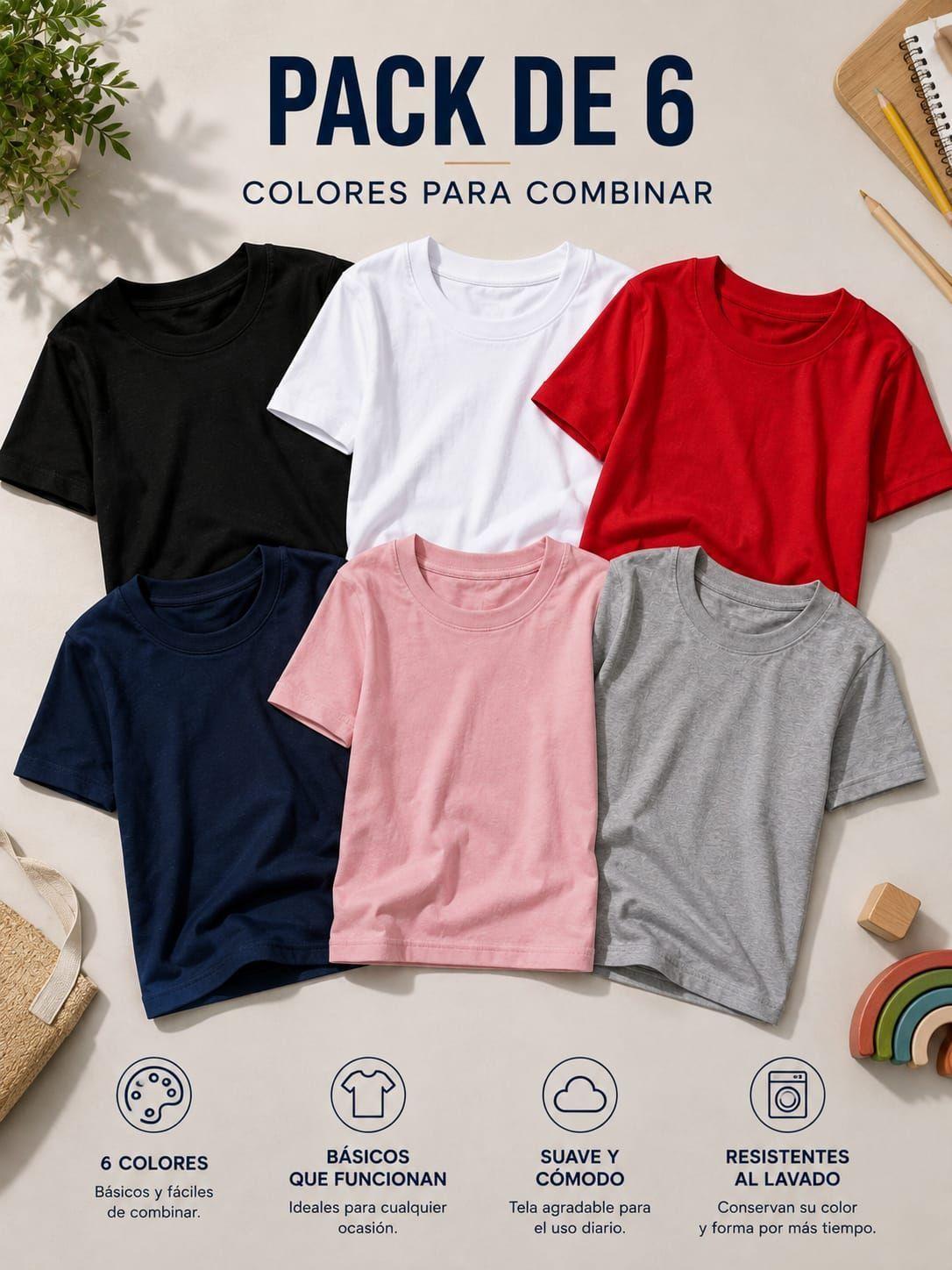 Pack 6 Poleras De Ninos Cuello 100 Algodon Cuello Redondo Manga Corta-6