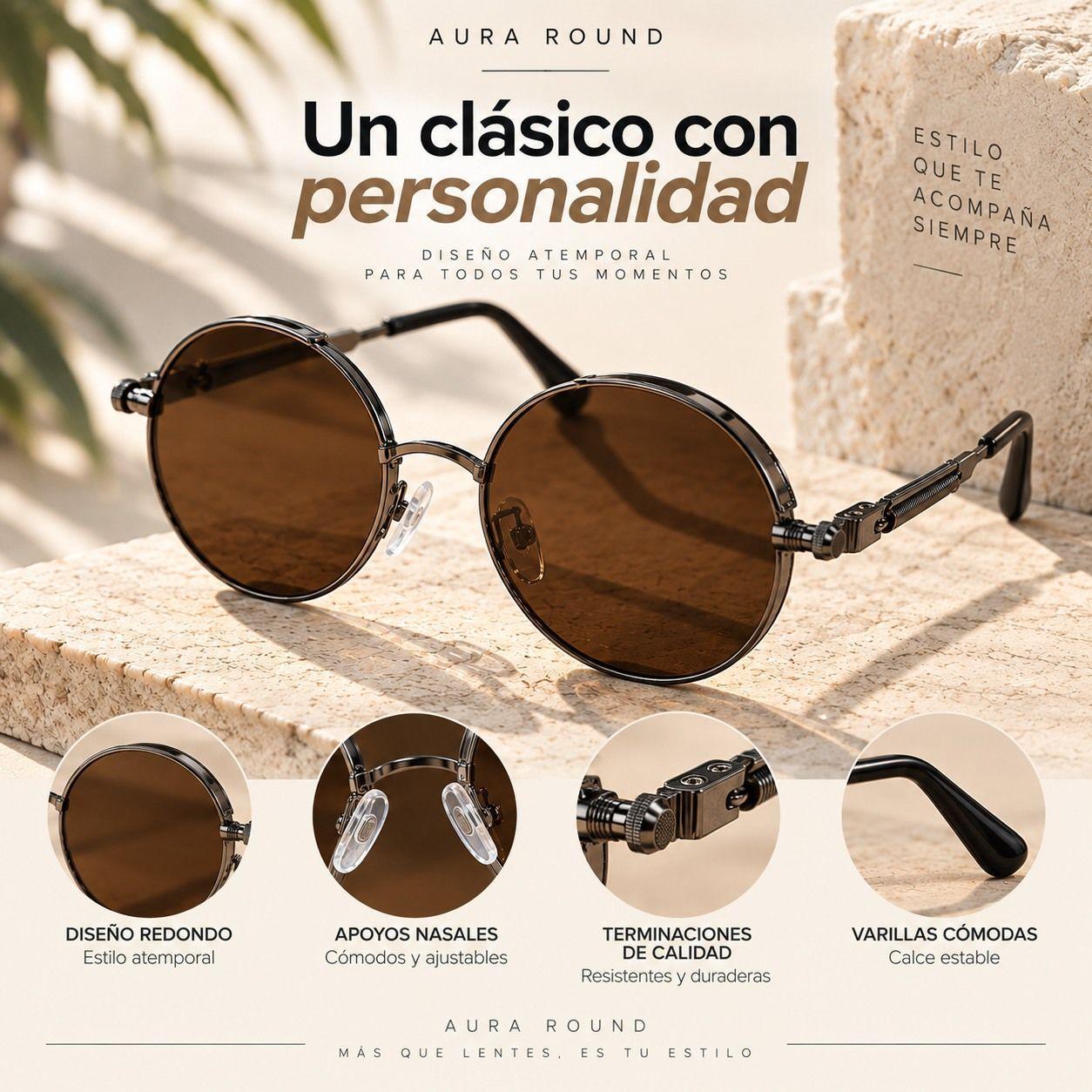 Lentes De Sol Mujer Redondos Uv400 Caf Armaz n Met lico-3