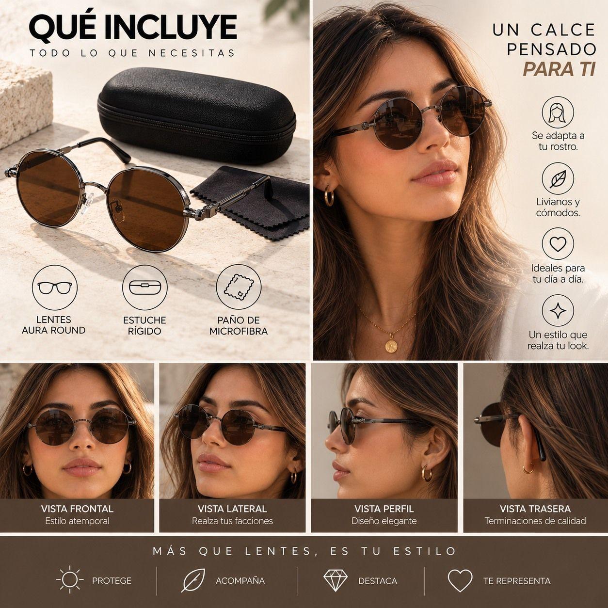Lentes De Sol Mujer Redondos Uv400 Caf Armaz n Met lico-9