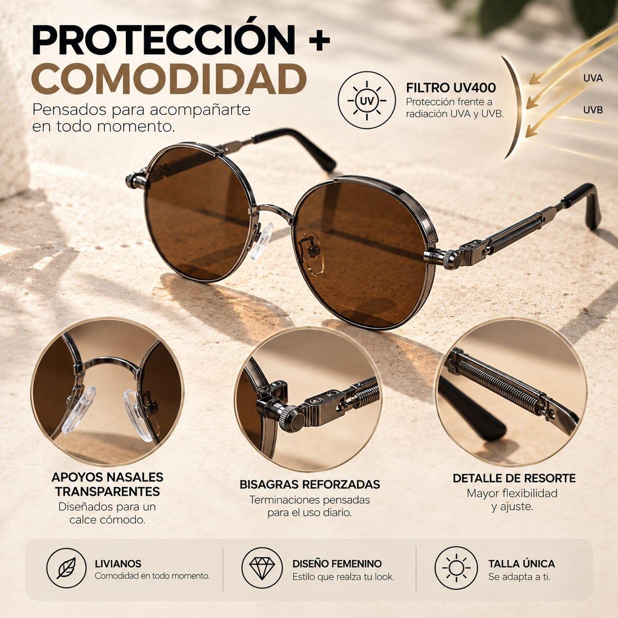 Lentes de Sol Mujer Redondos UV400 Marco Metalico Cafe-5