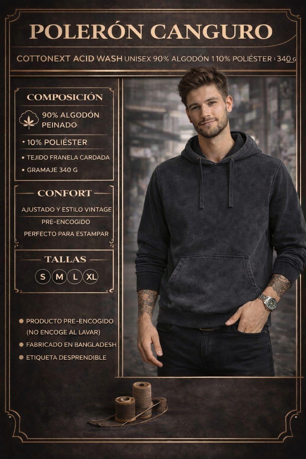 Poleron Canguro Hoodie Acid Wash Desteñido 340G-6