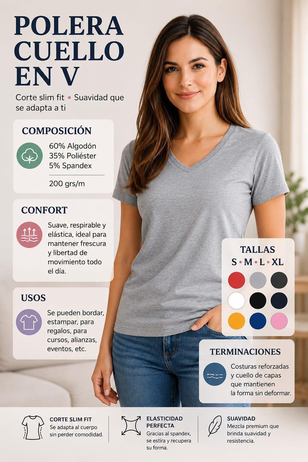 Polera Cuello V 100 Algodon Manga Corta Basicas Estampar Unisex-7