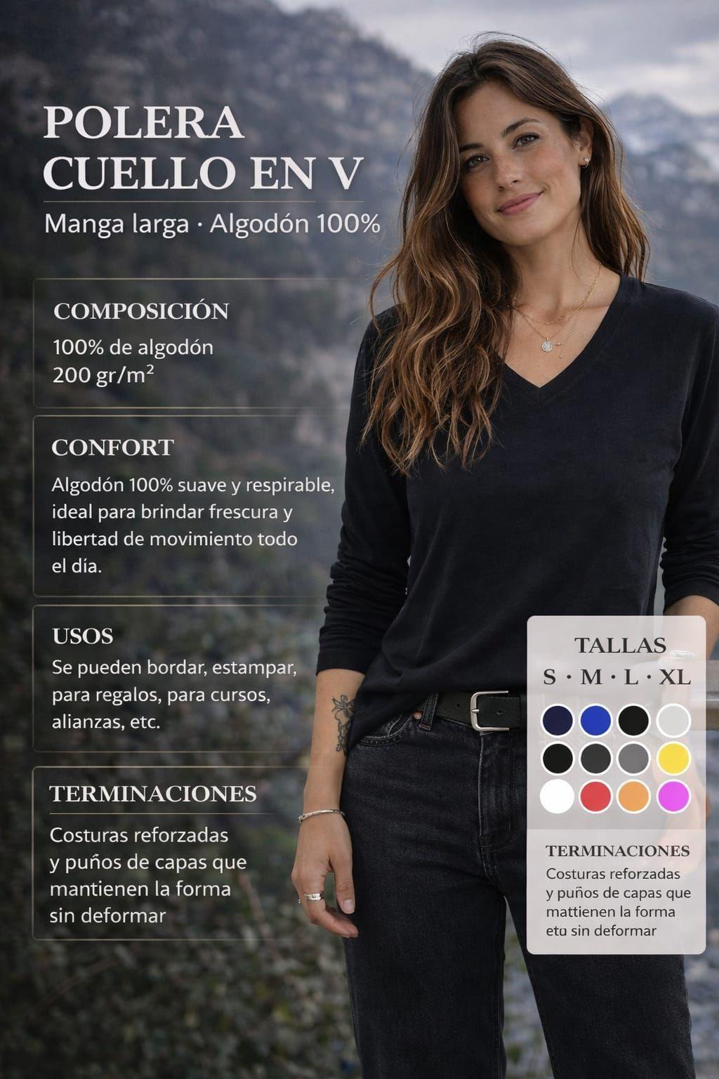 Polera Manga Larga Mujer Cuello V Slim Fit 100 Algodon 200g Unisex-7