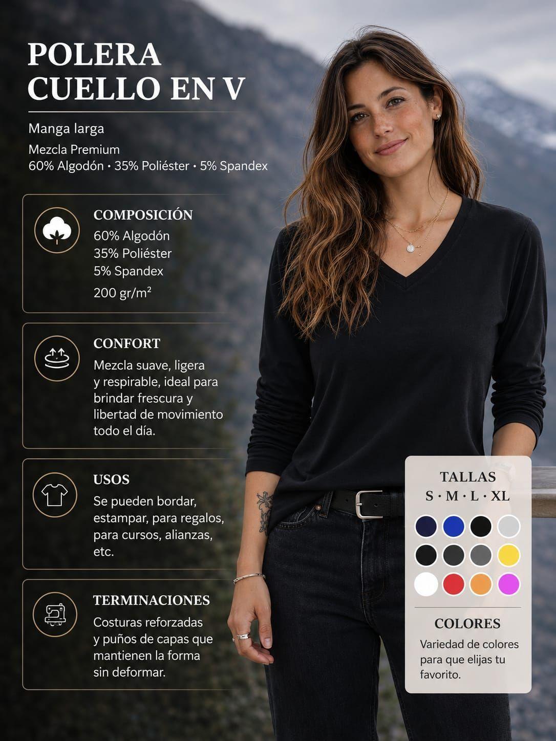 Polera Manga Larga Mujer Cuello V Slim Fit 200g Unisex-7