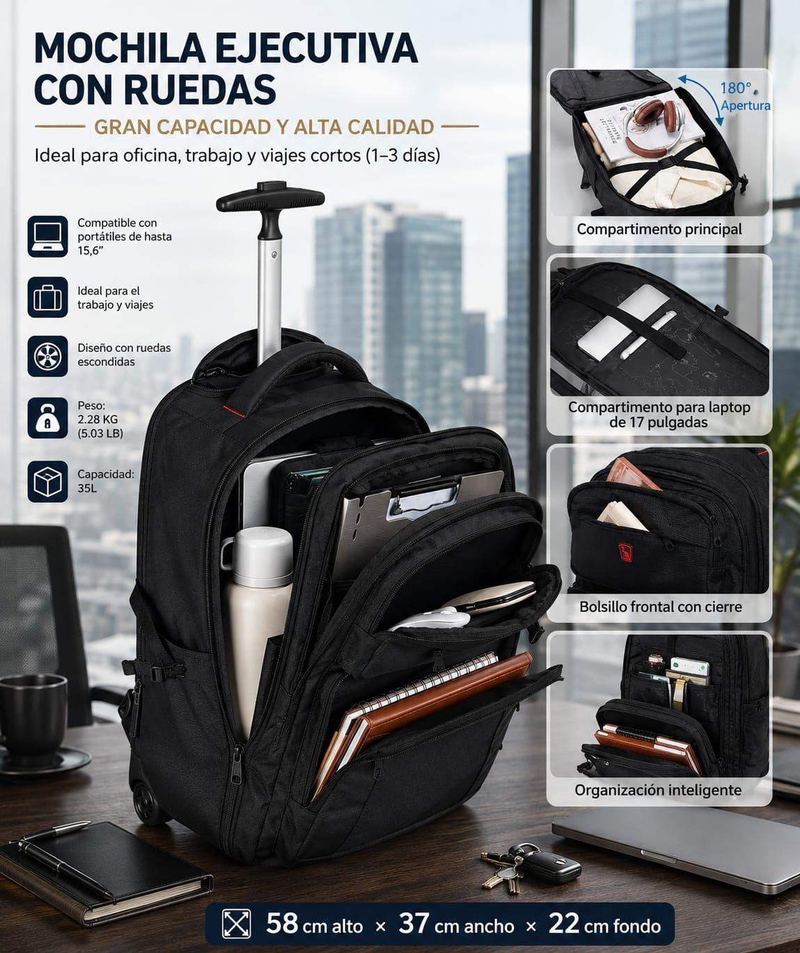 Mochila Con Ruedas Notebook 47L  Impermeable Oxford Viaje 58x37x22 cm-1