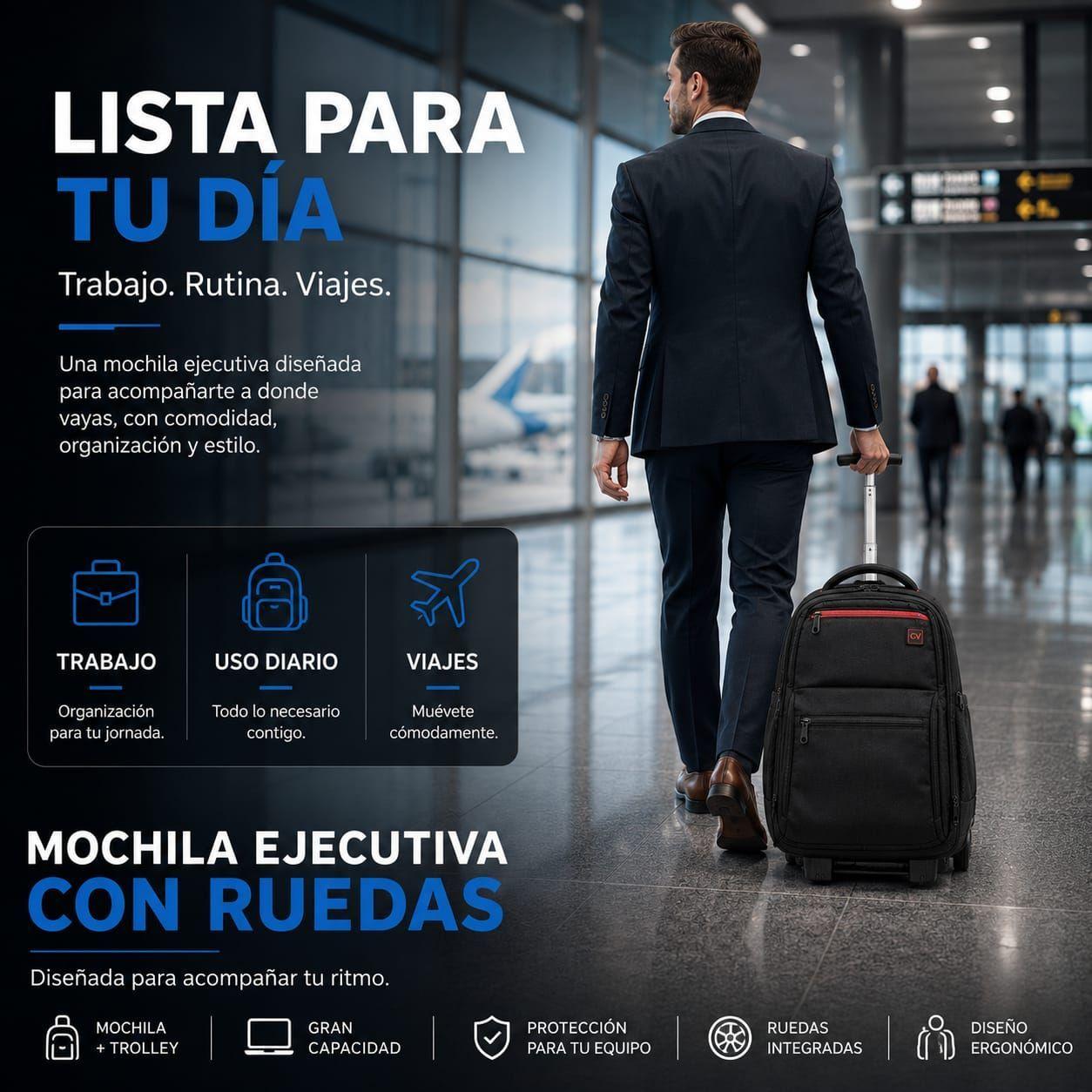 Mochila Con Ruedas Notebook 47L  Impermeable Oxford Viaje 58x37x22 cm-3