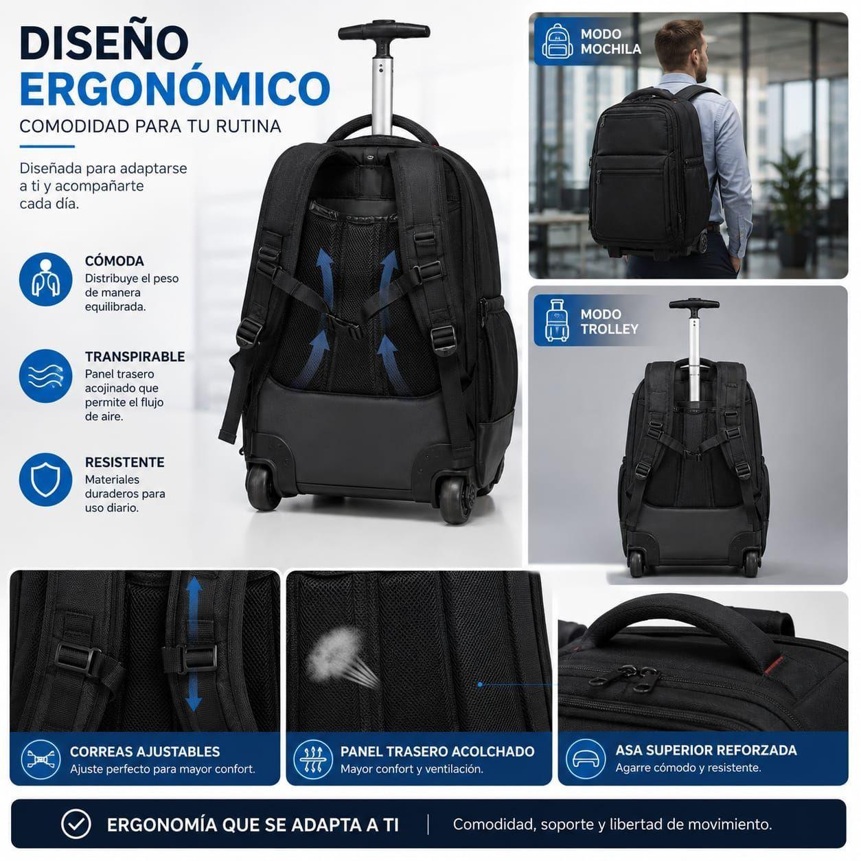 Mochila Con Ruedas Notebook 47L  Impermeable Oxford Viaje 58x37x22 cm-4