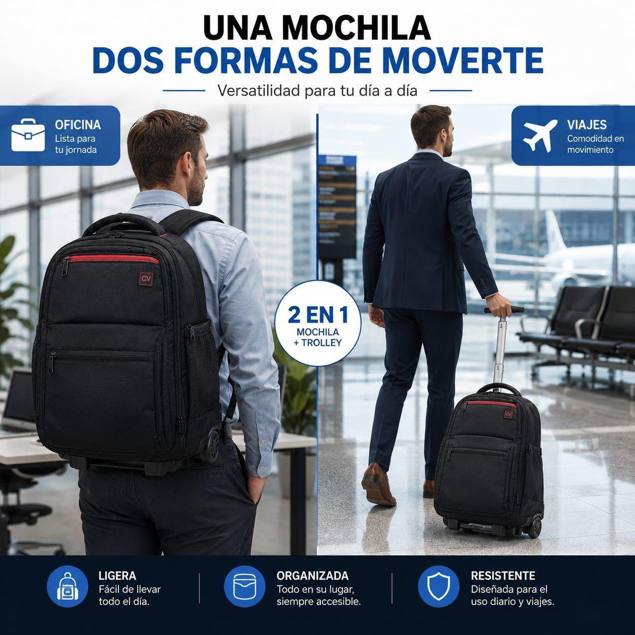 Mochila Con Ruedas Notebook 47L  Impermeable Oxford Viaje 58x37x22 cm-5