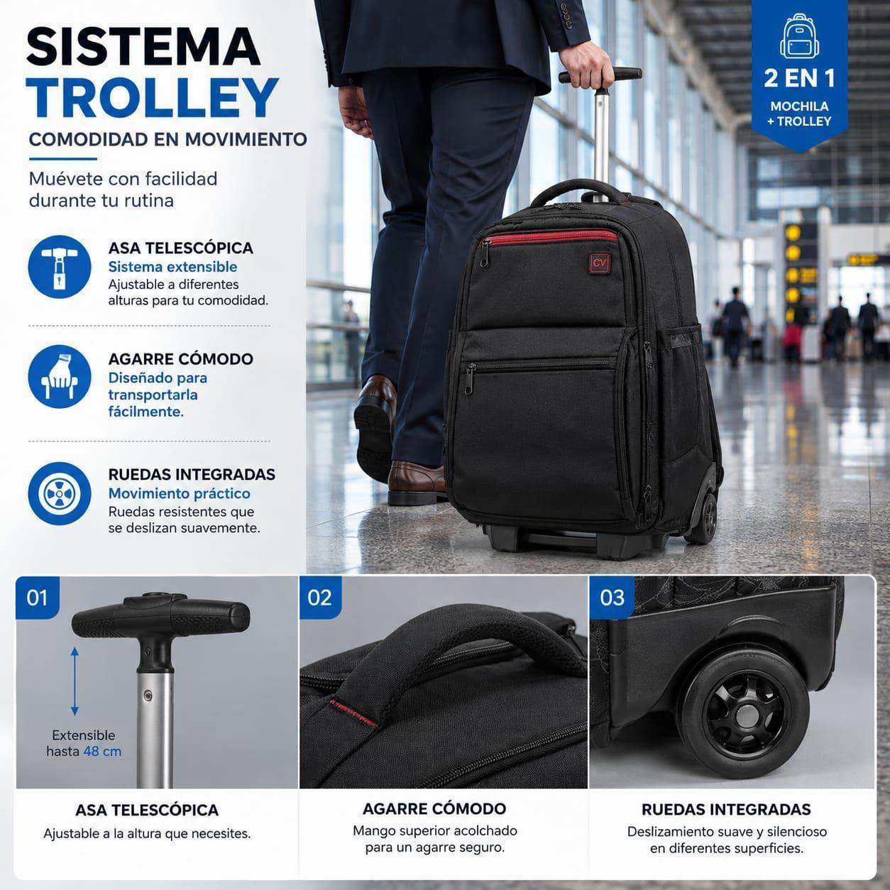 Mochila Con Ruedas Notebook 47L  Impermeable Oxford Viaje 58x37x22 cm-7